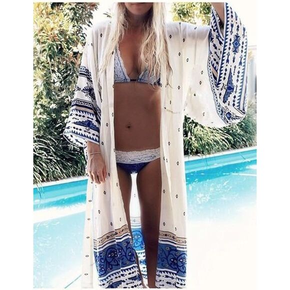 Cupshe Womens‎ Boho Geometric Long Chiffon Swimsuit Kimono Kaftan - Picture 2 of 9